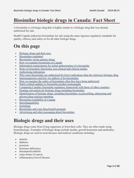 Biosimilar biologic drugs in Canada: Fact Sheet